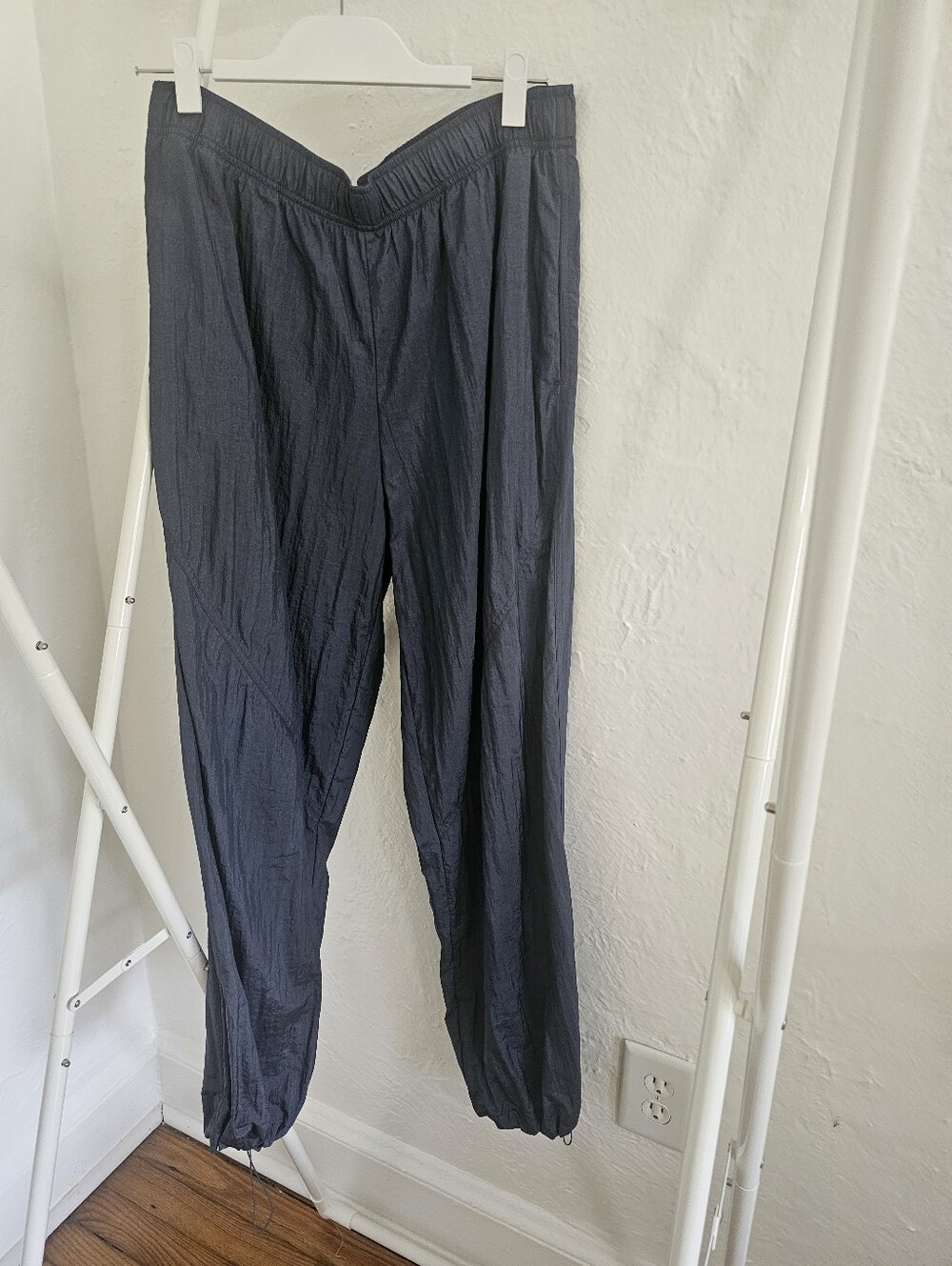 Athleta Lightweight Lunar Sheen Crinkly Navy Track Pants With Drawstrings.